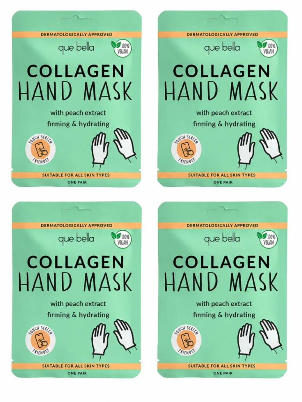 Que Bella Collagen Hand Mask 4 Pack Peach